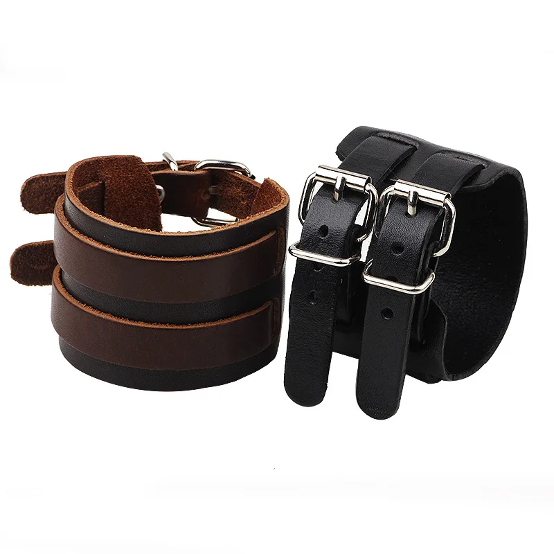 Punk Unisex Wide Genuine Leather Bracelet Double Buckle Mens Womens Wrap Bracelet 2022 New Fashion Jewelry