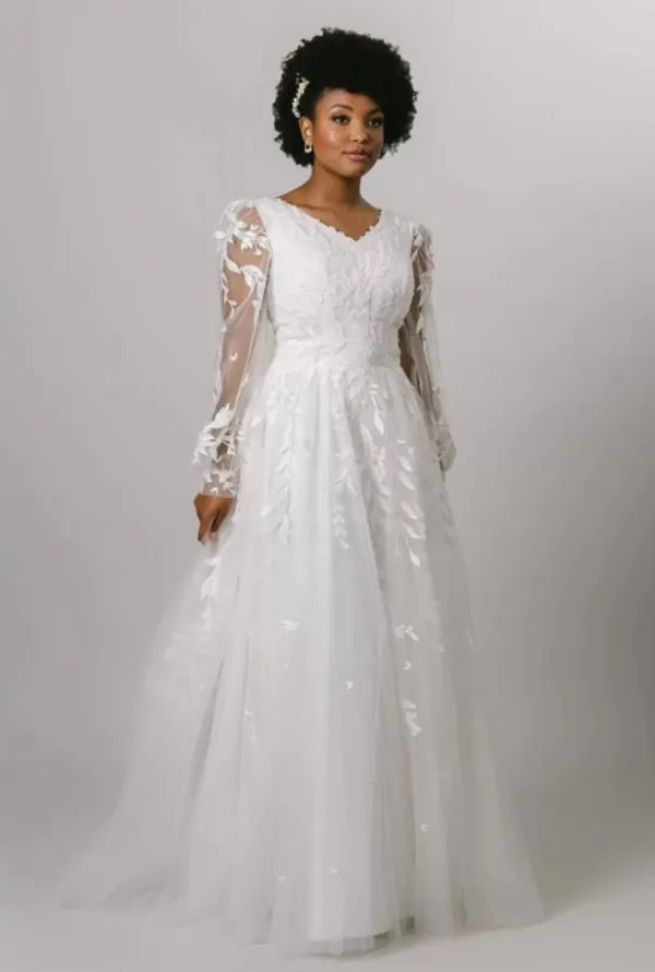 Modest Wedding Dresses Gowns Long Sleeves Lace Tulle V Neck Classic Bridal Gown Sleeved modern beach wedding reception dress