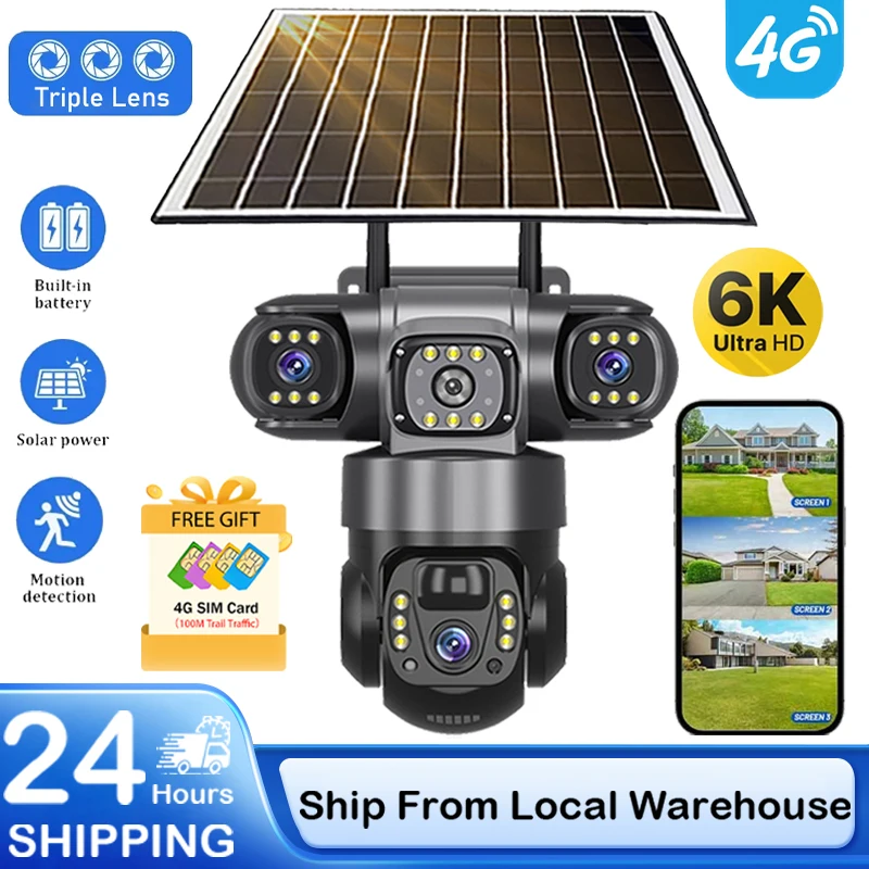 Caméra solaire V380 Pro 4G, 12MP, triple objectif, surveillance extérieure, batterie, détection PIR, alarme, système de sécurité, moniteur vidéo