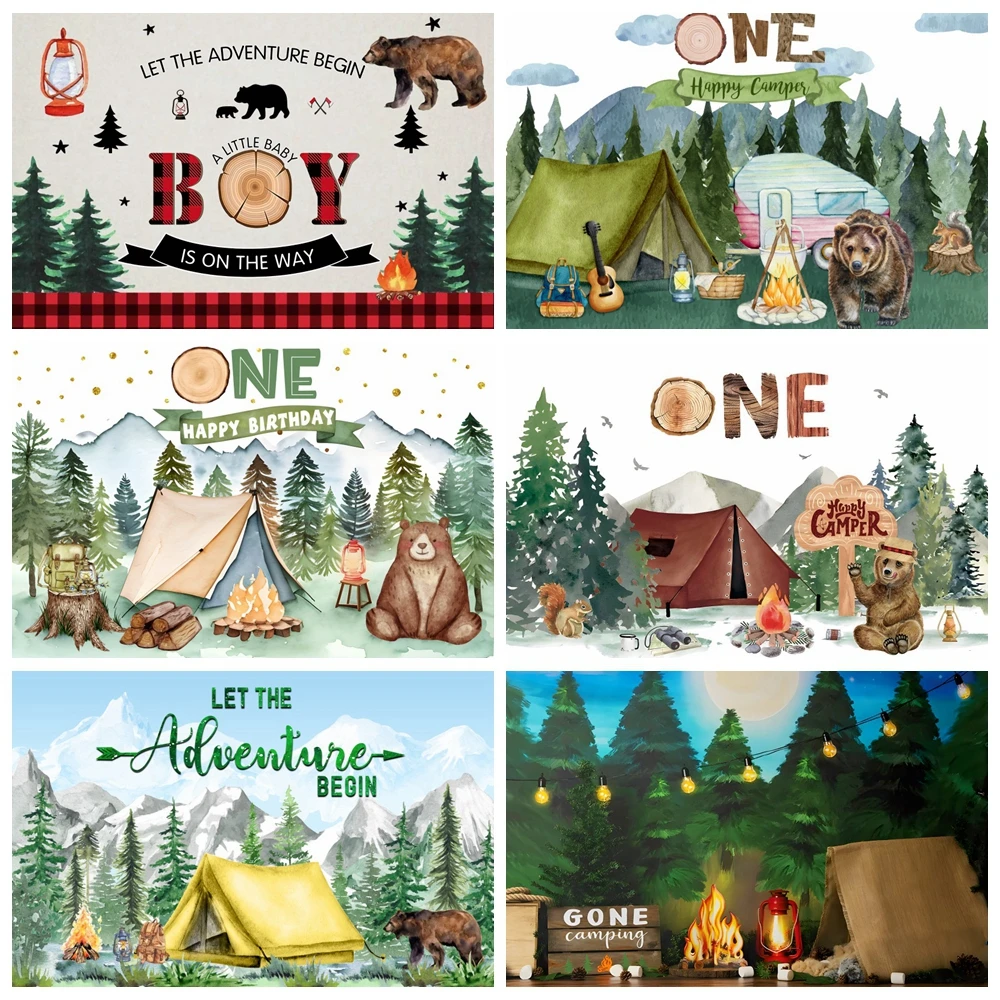 

Safari Jungle Animals Go Camping Backdrop Forest Adventure Tent Baby Shower 1st Birthday Party Photography Background Decoration