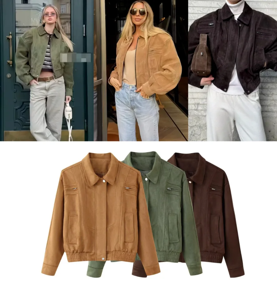 

Новые модные однотонные куртки-бомберы с отложным воротником для женщин, верхняя одежда, замшевые куртки, женская уличная одежда, праздничные пальто, куртки на молнии