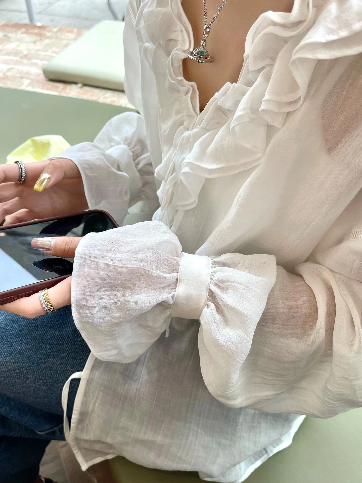 

Романтическая французская праздничная блузка из льна с двойным кружевным воротником и завязками, женская, свободного кроя, с длинными рукавами, тонкая, дарящая ощущение прохлады