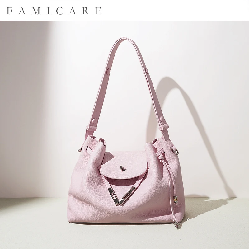 2026 New Collection Premium Pebbled Leather Bucket Bag Minimalist Single Shoulder Crossbody Pack Women Casual Versatile Handbag
