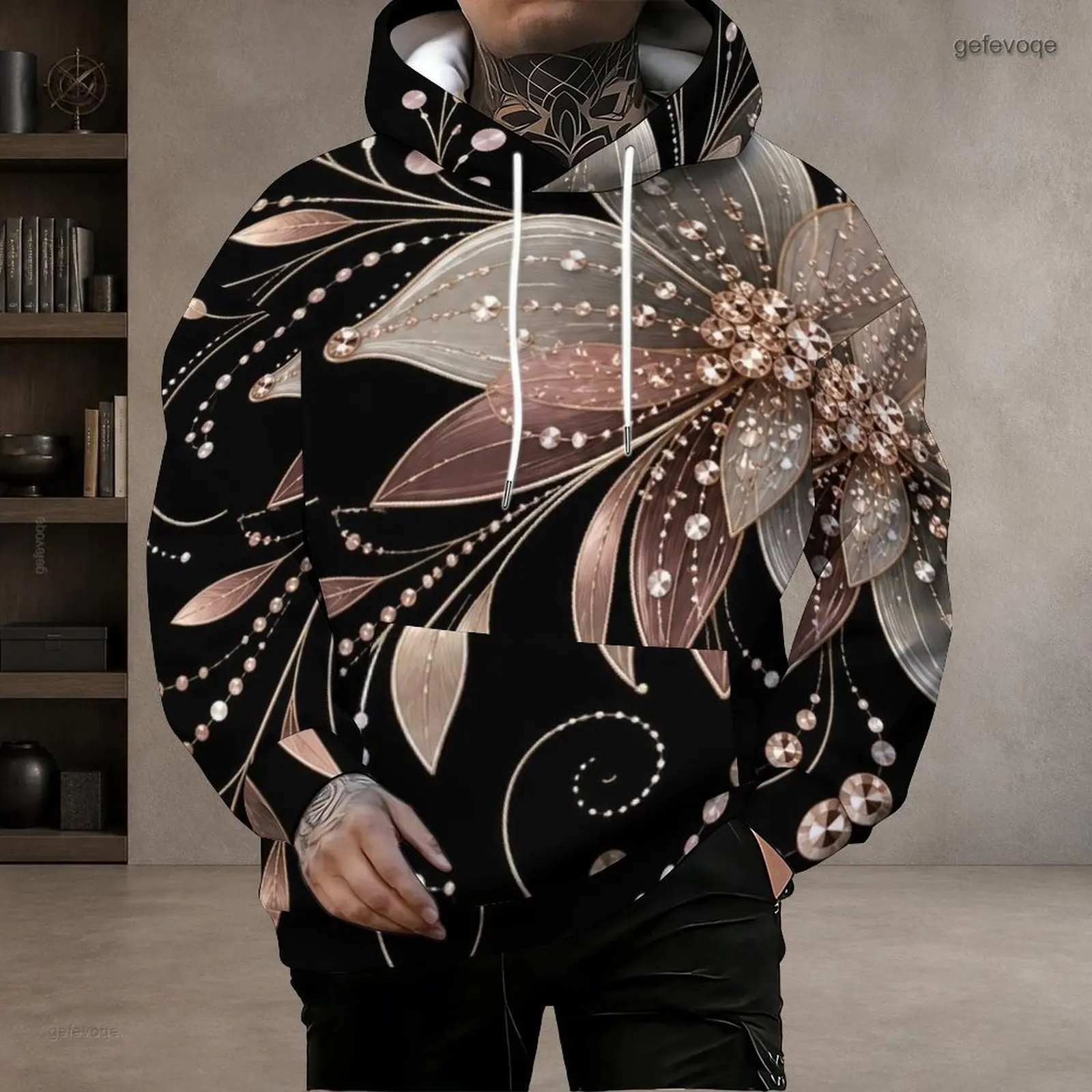 Men Black Printed Hoodie, Abstract Gold Curved Line Leaf and Round Dot Pattern Long Sleeve Drawstring Pullover Hoodie