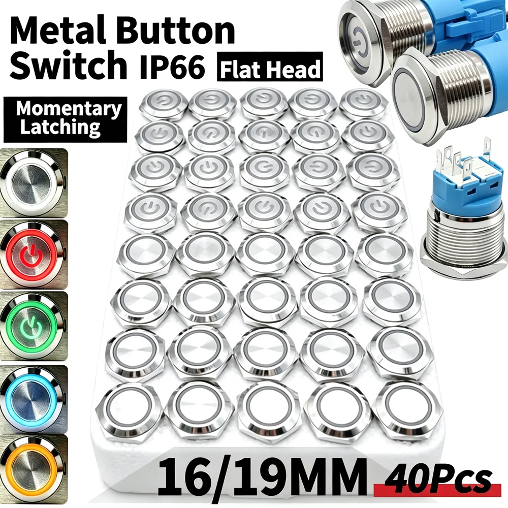 40Pcs 16mm 19mm Metal Button Switch Waterproof IP66 Flat Circular Round LED Red Blue Momentary Latching 3V 5V 12V 24V 110V 220V
