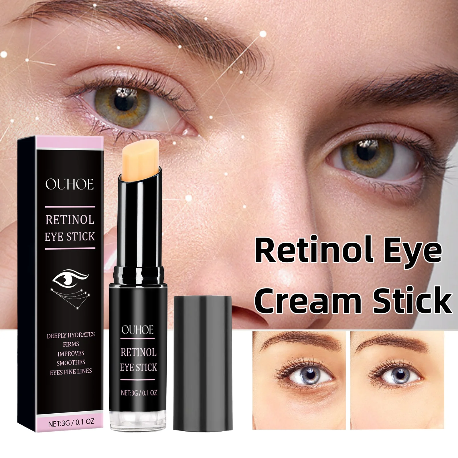 Retinol Eye Cream stick reduces dark circles and fine lines, prevents dryness in the eyes, moisturizes and tightens the skin