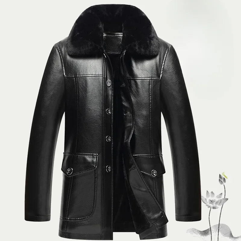 2024 Mens Jacket Winter Plus Velvet Thick Jacket Male Middle-aged Leather Men's Fur Collar Detachable Men Clothing 4XL