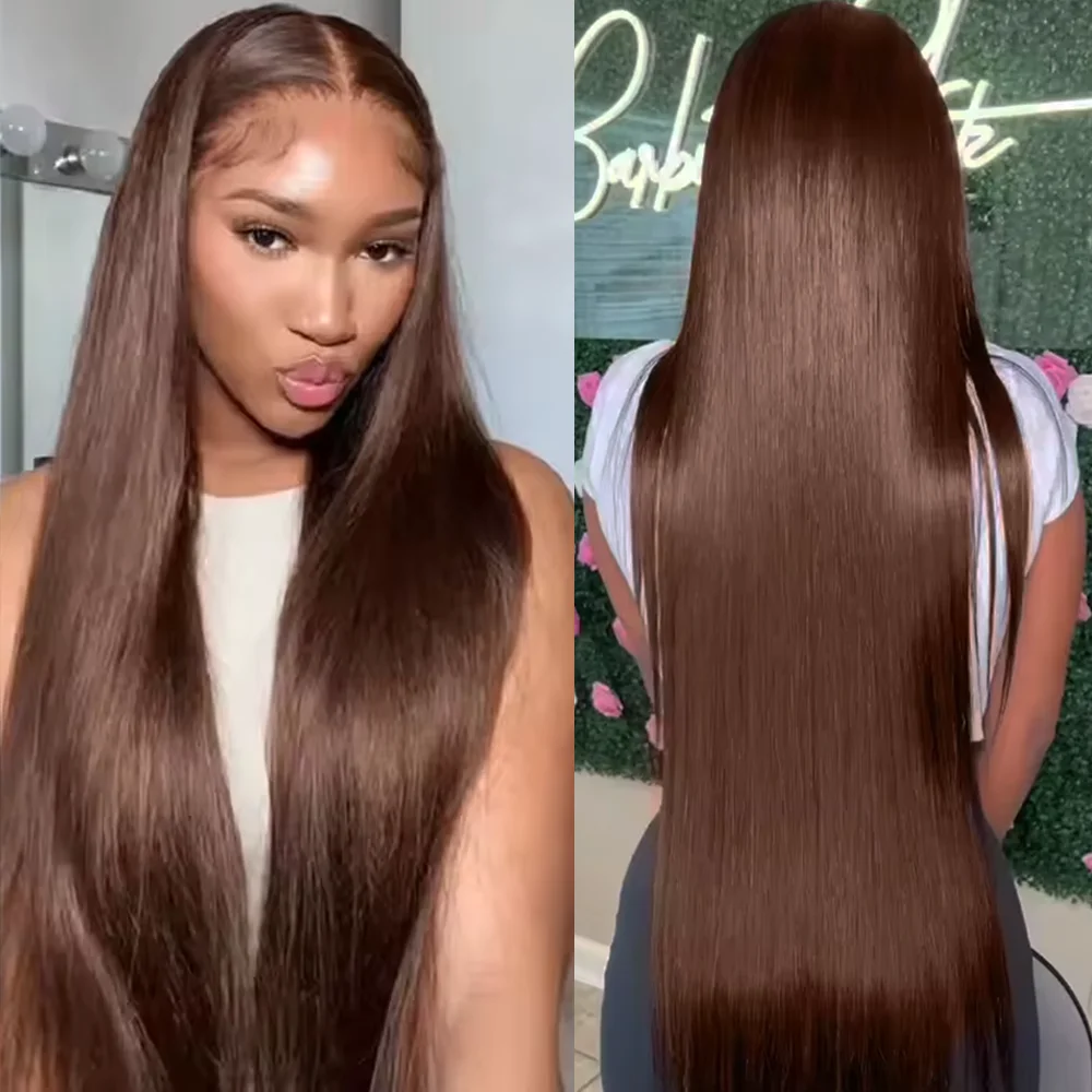 13x4 Schokoladenbraune Echthaarperücke, 46 Zoll lang, glatt, 13x6 HD Lace Frontal Echthaarperücken, 200er Dichte, für Frauen, vorgezupft