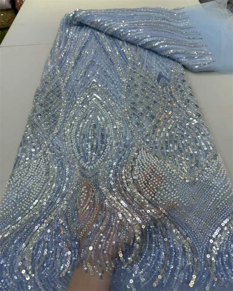 

African Beaded Lace Fabric French Tulle Lace 2025 High Quality Lace French Sequins Beads Fabric For Women Wedding Dress