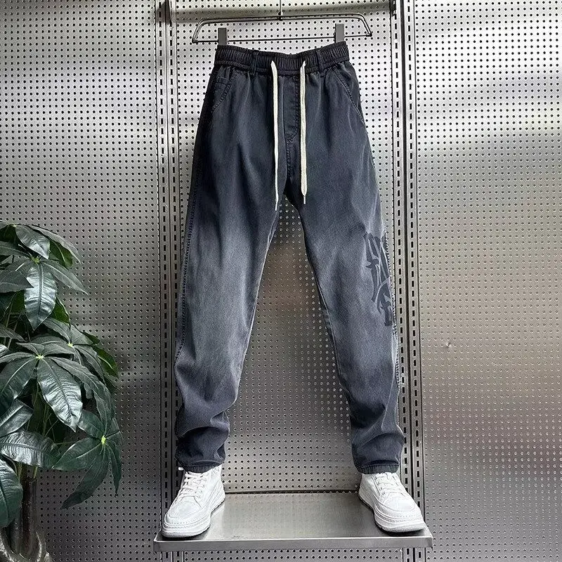 

Весна-Осень 2025 г., потертые старые джинсы в стиле ретро, мужские брендовые мешковатые брюки-харлан на шнурке, повседневные прямые брюки с эластичной резинкой на талии