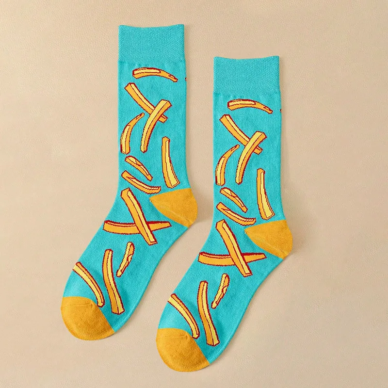 1 Pair Unisex Funny AB Style Tomato Ketchup French Fry Printed Mid-Calf Socks Suit In All Seasons