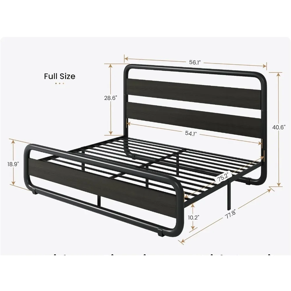 Estrutura de cama de metal com cabeceira e estribo de madeira, plataforma em forma oval resistente, armazenamento de cama, noz vintage