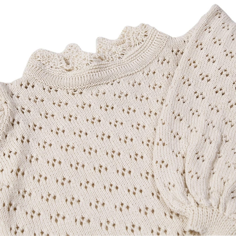 

L5YF Girl Crochet Ruffle Lantern Sleeves Blouses Sweet Top Clothes Knitted Sweatshirt