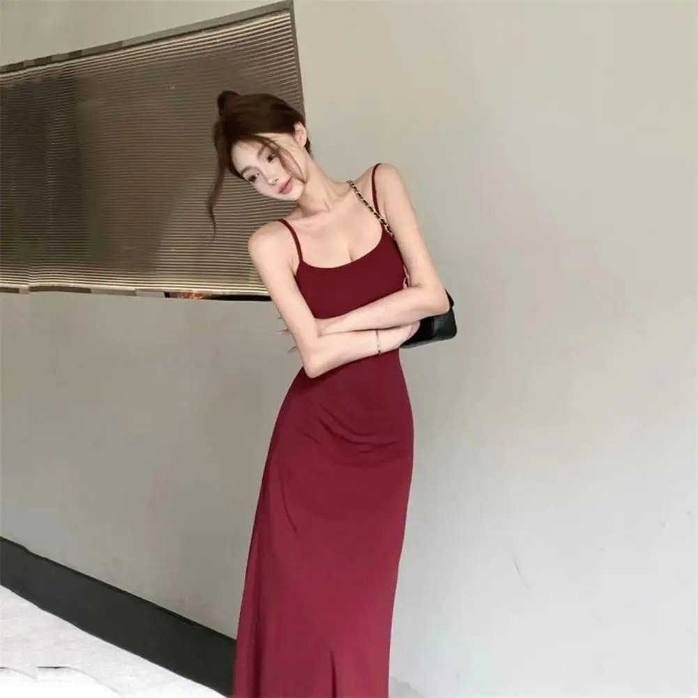 Korean style Strappy Dress Spaghetti Strap Sleeveless Tight Waist Slim Fit Backless Low-cut Ankle Length Women Vest Dress