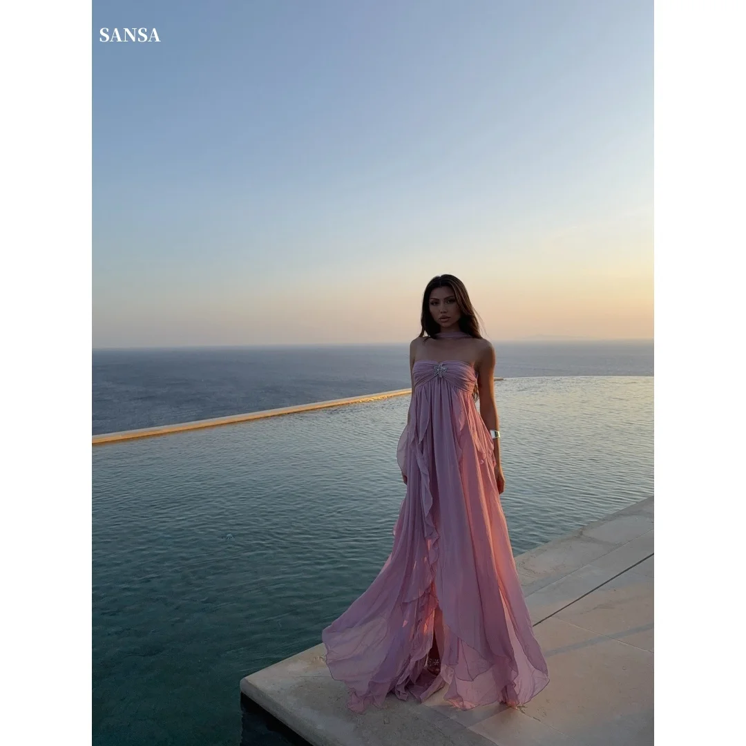 

Sansa Customized Pink Glitter Backless Side Slit Prom Dresses Mesh Fabric فساتين للمناسبات الخاصة A-line vestidos de festa 2025