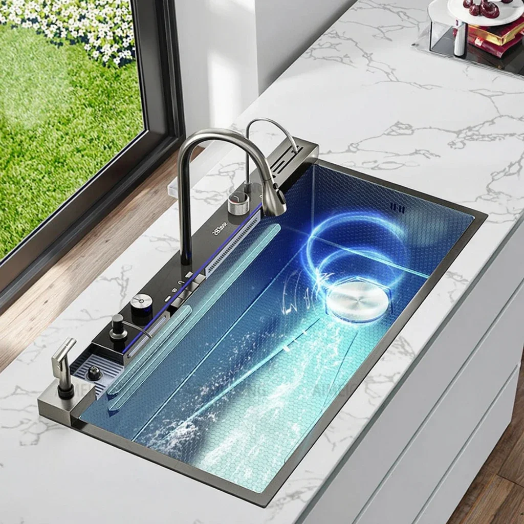 

100cm China Luxury Multifunctional 304 Stainless Steel Smart Waterfall Single Bowl Kitchen Sinks