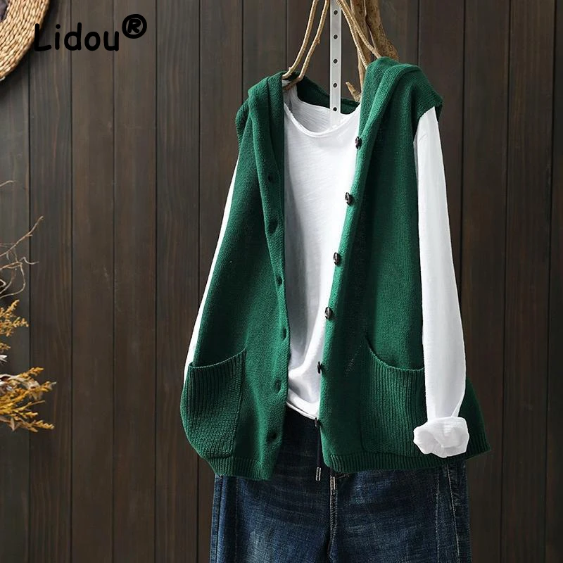 Vintage Simple Single Breasted Sleeveless Loose Street Hooded Knitted Sweater Vest Women Korean Casual Pockets Outewear Cardigan