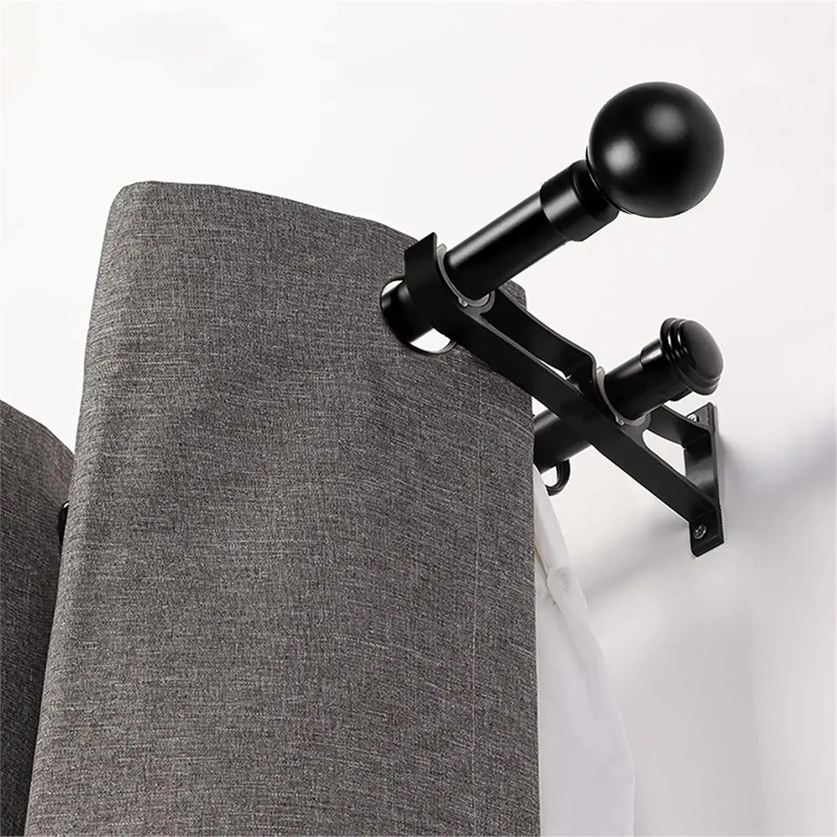 Double Curtain Rod Brackets, 4 Pack Wall Mount, Black Curtain Rod Hooks Holders Rod Support for Drapes Rod