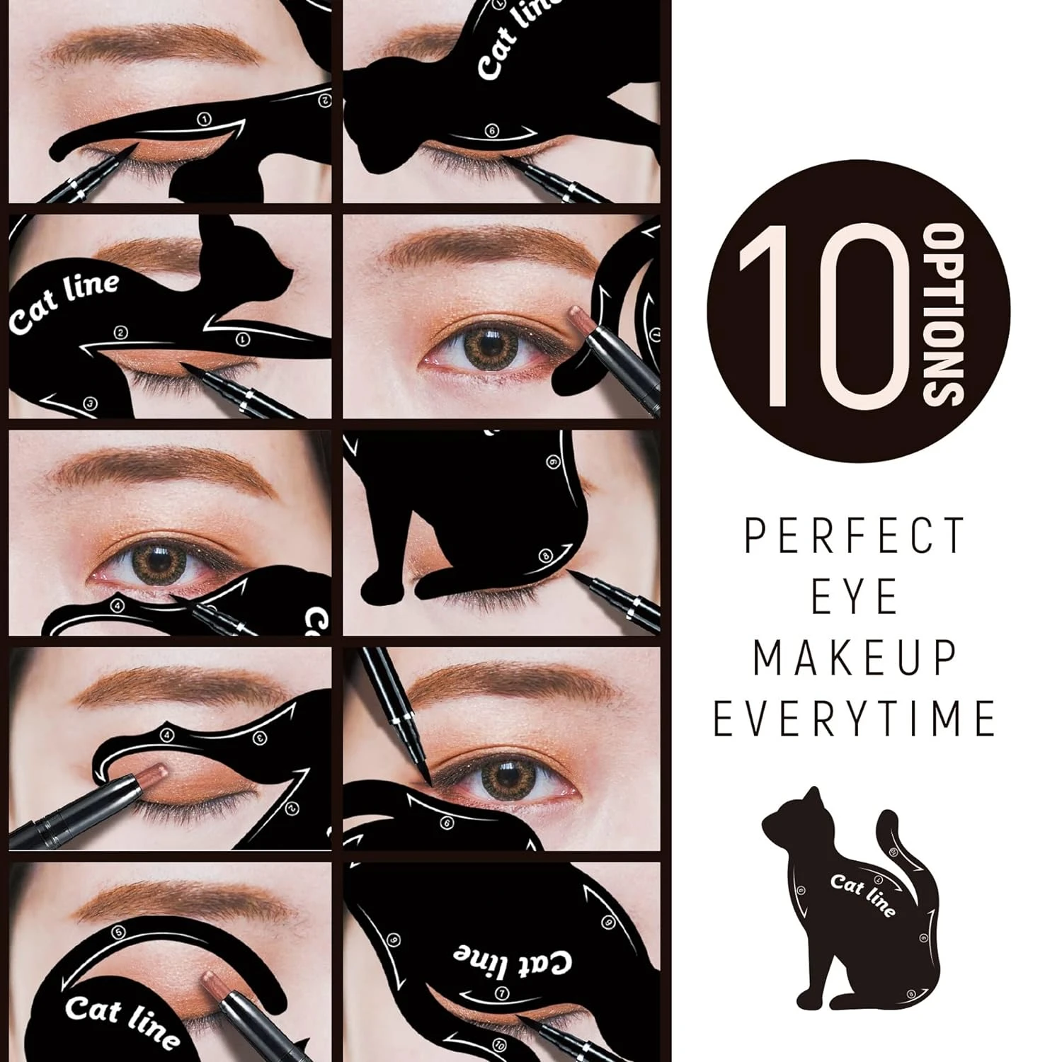 High Precision Eyeliner Stencils – 10 Unique Winged Cat Eye Looks – Versatile Smokey Eyebrow Pencil & Guide Stickers – Eas