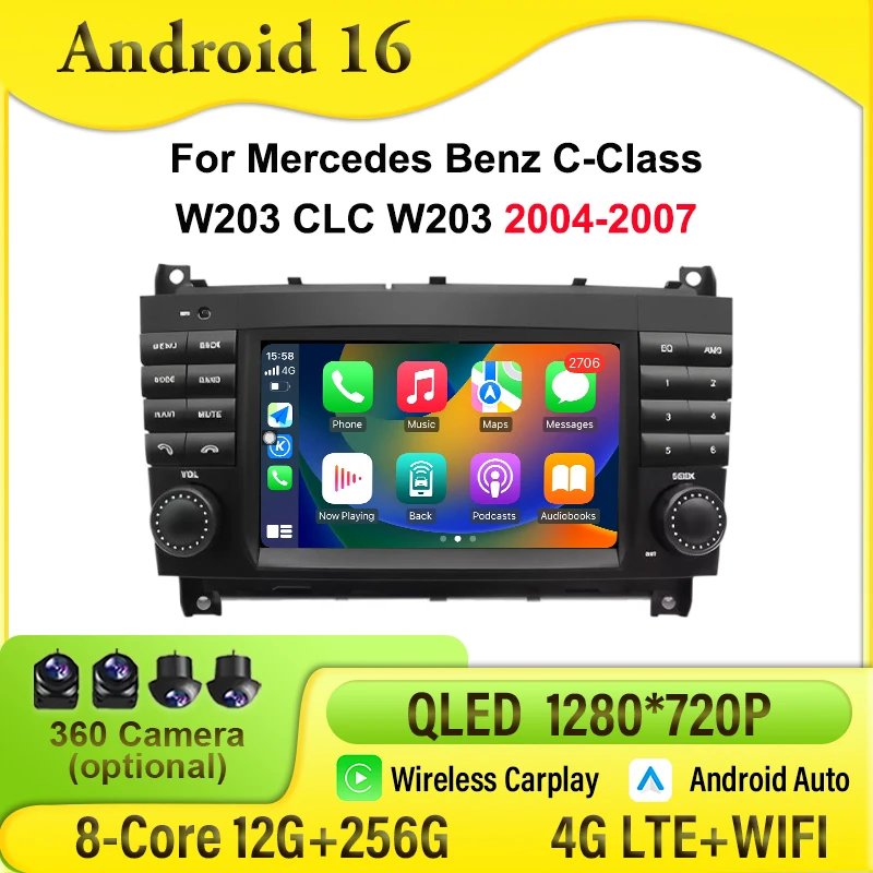 7'' For Mercedes Benz C-Class W203 CLC W203 2004-2007 Screen Android 16 Car Radio Multimedia Player Carplay Auto Stereo GPS Navi
