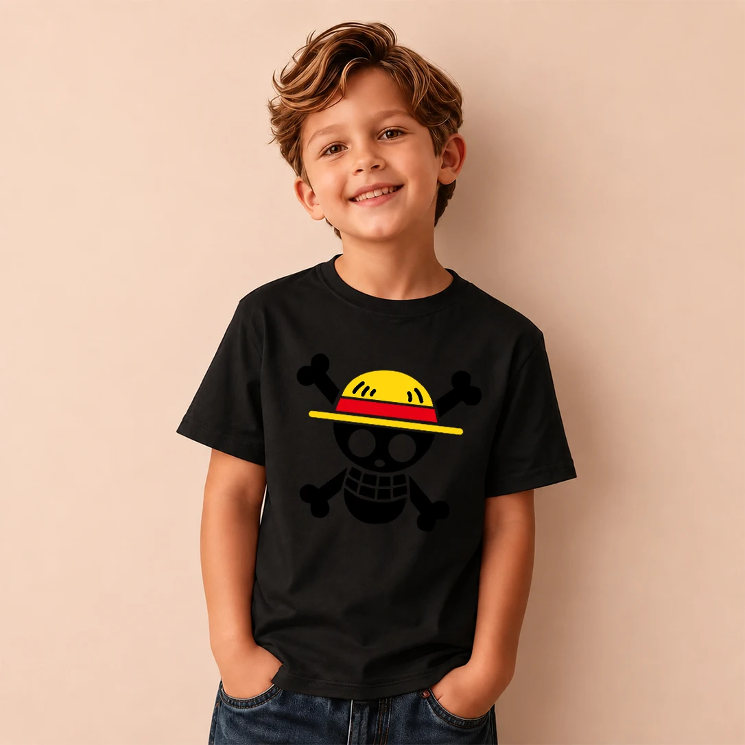 Kids T‑Shirt One Piece Monkey D Luffy Straw Hat Pirate Logo Print Short Sleeve Casual Tops Boys Girls Anime Children Daily Wear