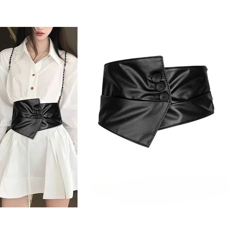 Black elastic wide waistband with three buttons for women versatile shirt dress suit waist cinching decorative accessories