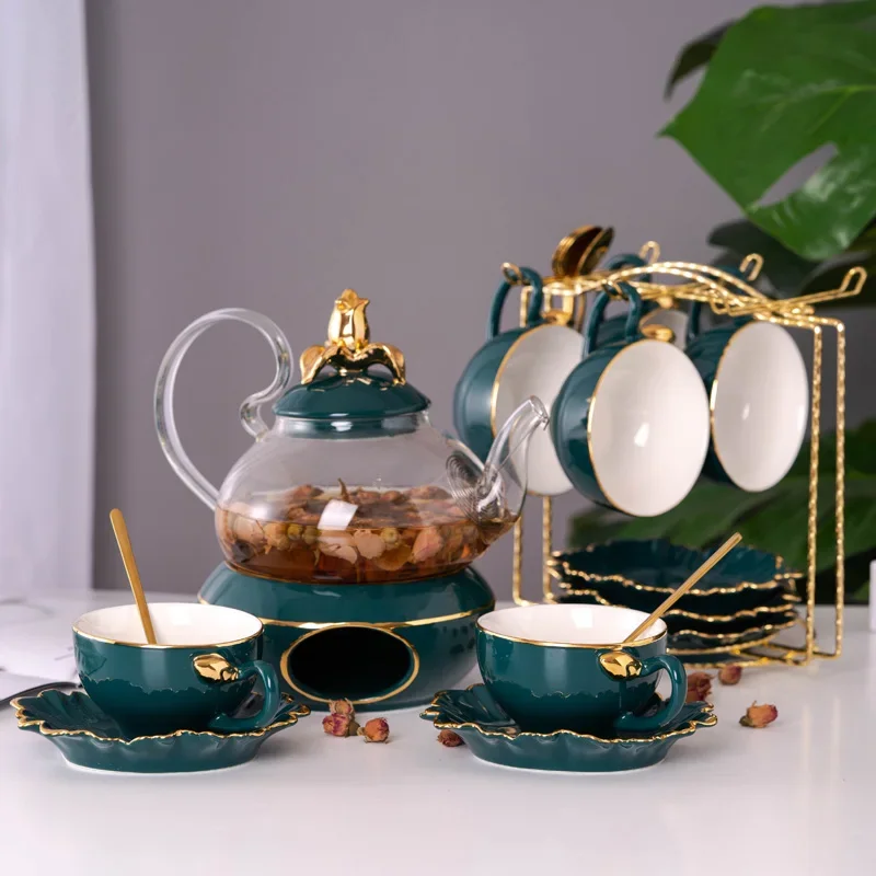 Full Drinkware Afternoon Tea Time Glass Teapot Elegant Coffee Tea Cup Set Royal Modern Ceramic Tea Set With Metal Holder