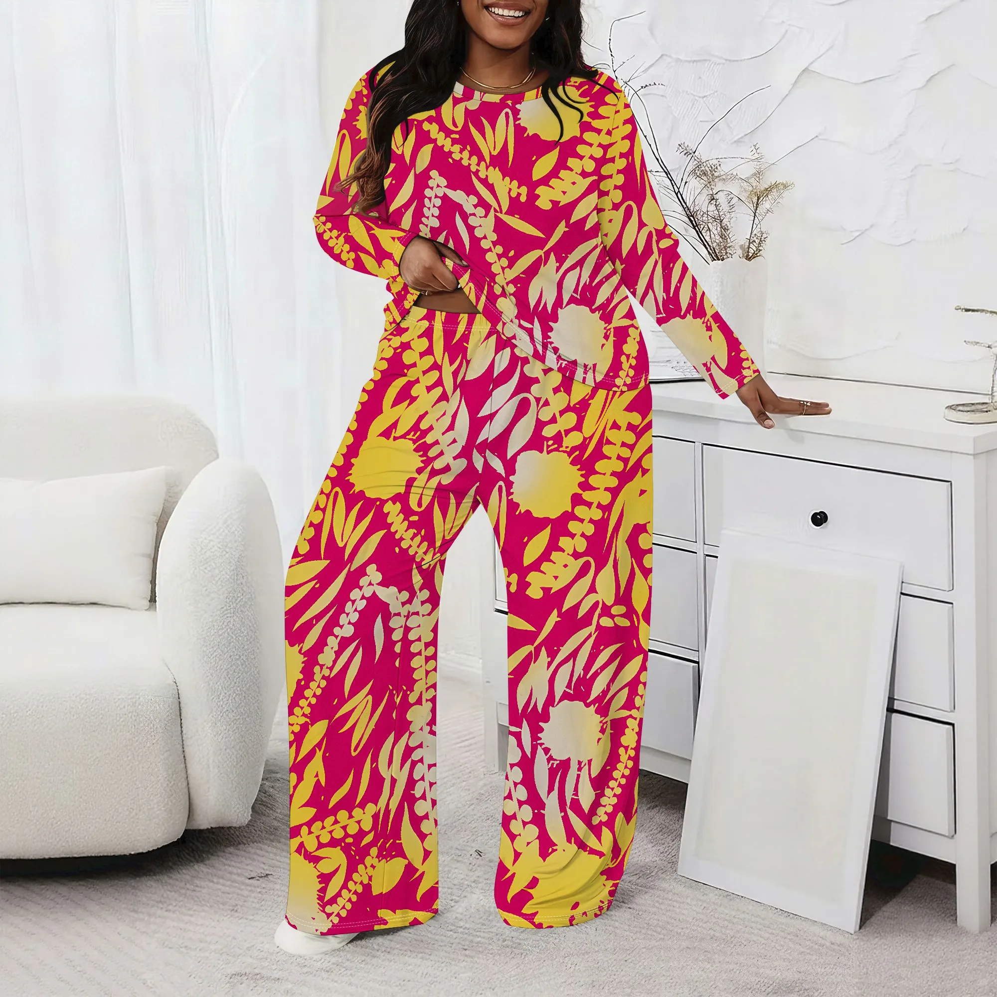 

Plus size Women two-piece set with 3D geometric print casual loose round neck long sleeved two-piece set (pocket)