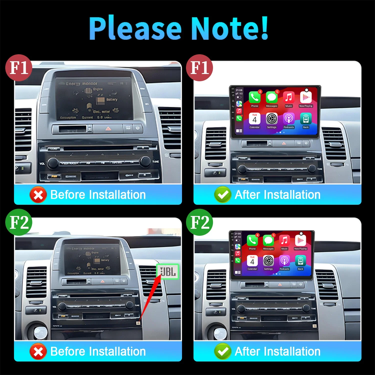 راديو السيارة أندرويد 14 لتويوتا بريوس XW20 II 2 2003 - 2011 الملاحة الوسائط المتعددة اللاسلكية BT Carplay اللمس 2K شاشة QLED