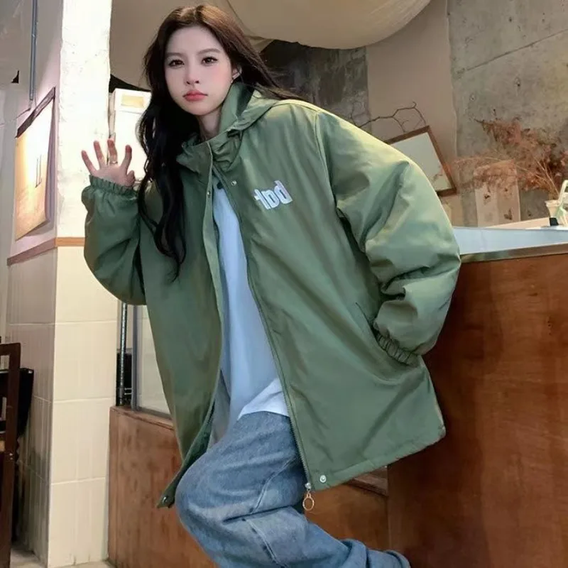 Hooded Parkas Women Plus Velvet Thicker Lambswool Winter Japan Simple Letter Printing Female's Baggy Solid Warm Coats All-match