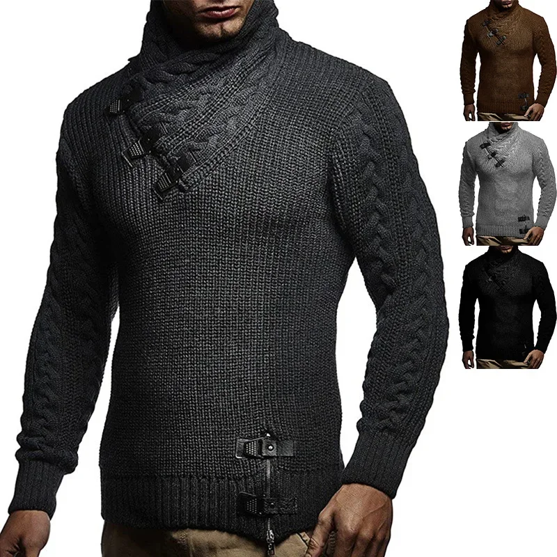 

2023 Mens Turtleneck Sweater Solid Color Long Sleeve Knit Top Sweater for Men