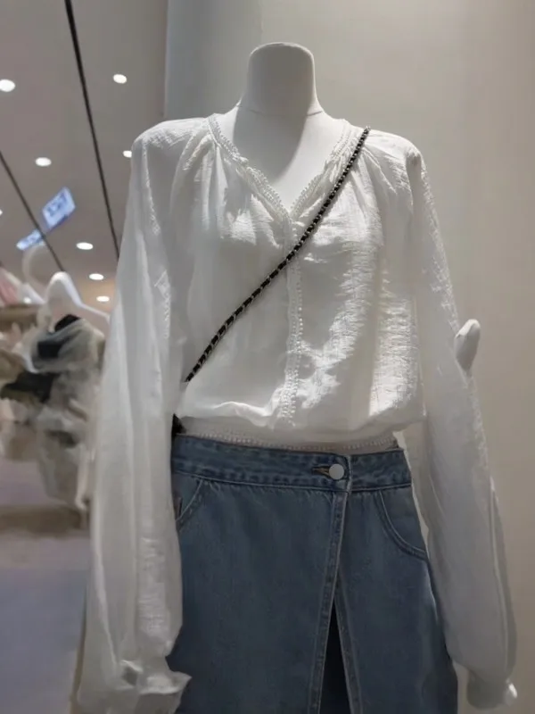 

Korean Style Gentle Design V-Neck Lace Splicing Women's Long Sleeve Shirt Summer Thin Sun Protection Loose Match All Shirt