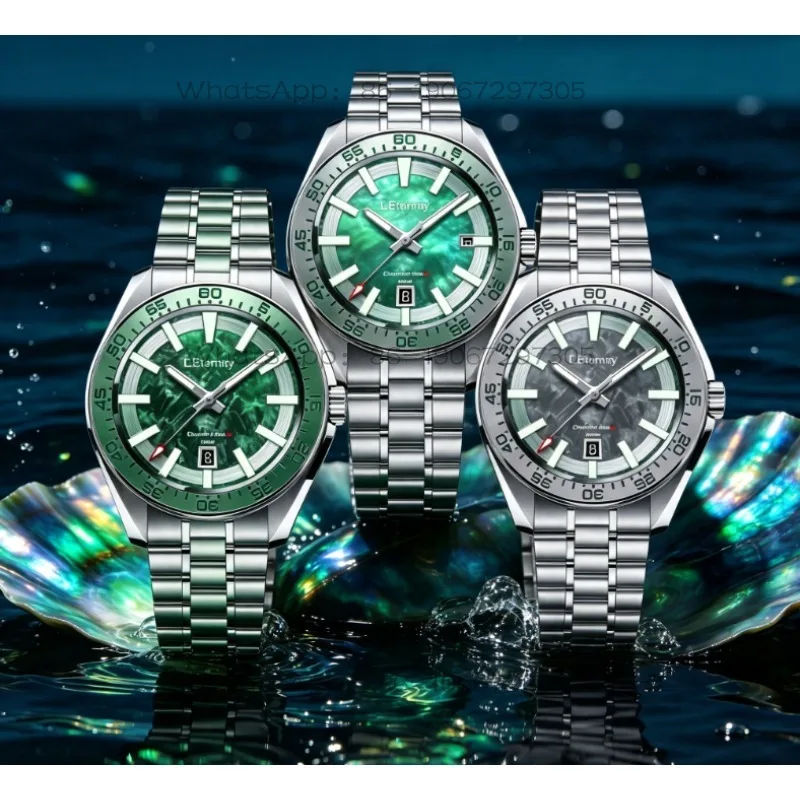Men Waterproof Watch Steel Band Mother‑of‑Pearl Carbon Fiber Luminous Dial Wrist Watch