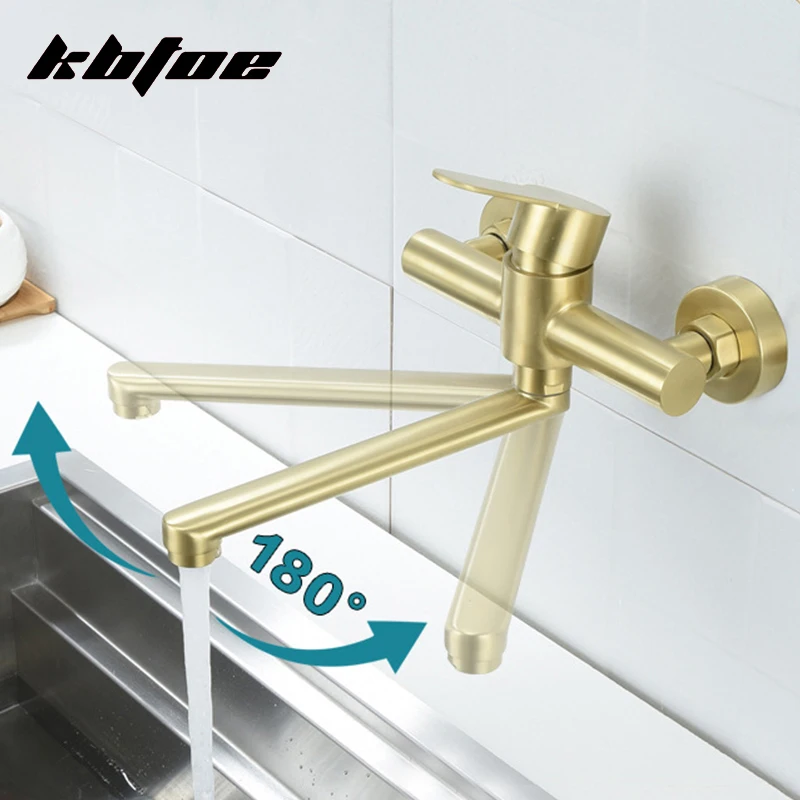 ゴールド壁掛けキッチン蛇口回転式温冷水シンクミキサータップ延長スパウトバルコニーガーデンクレーンステンレス鋼