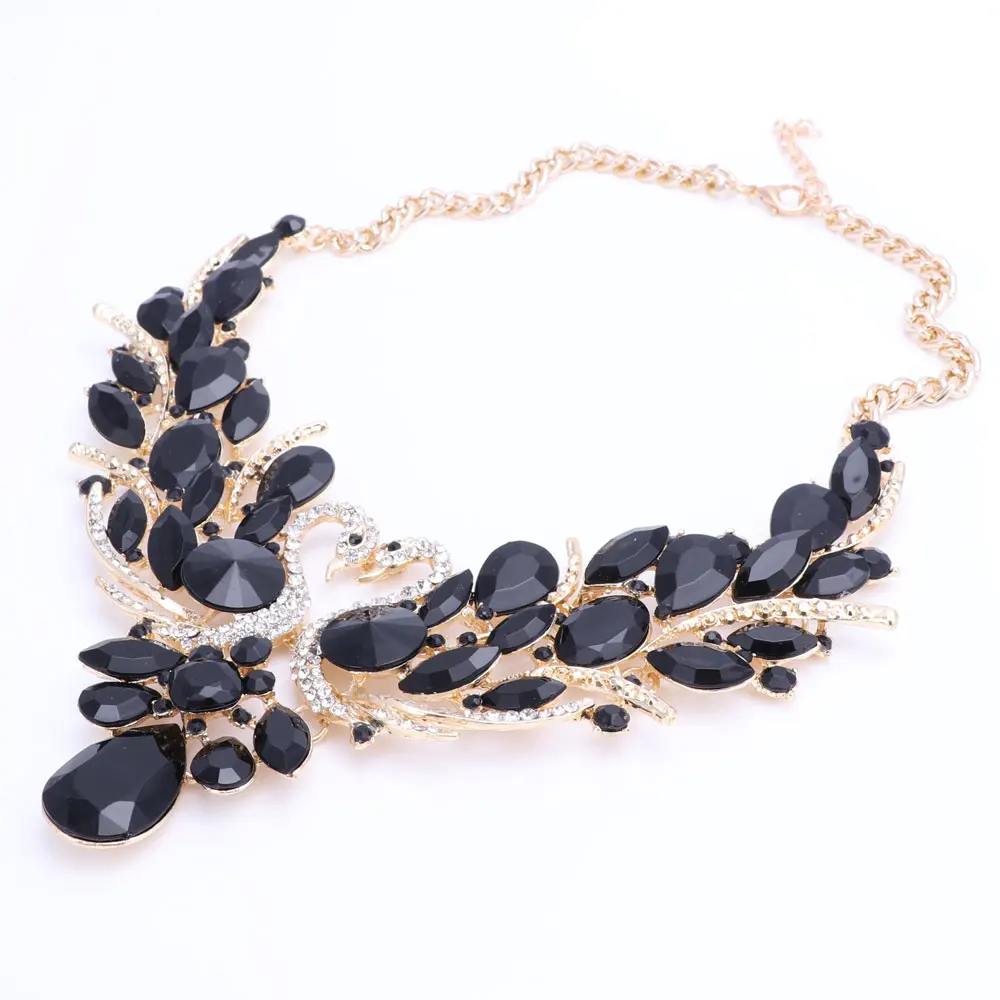 Black Crystal Bridal Jewelry Sets Gold Color Swan Pendant Necklace Women Gift Party Wedding Prom Necklace Earring Accessories