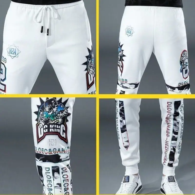 Men's Clothing White Casual Trousers Spring and Summer Trendy Printed Pants Bunched Feet Harem Pants Small Feet Sweatpants