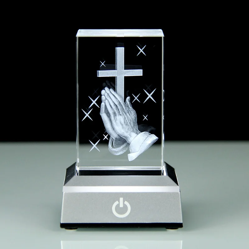 High Quality Baby Shower Return Gift Crystal 3D Praying Hand Cross Crystal Cube Wholesale