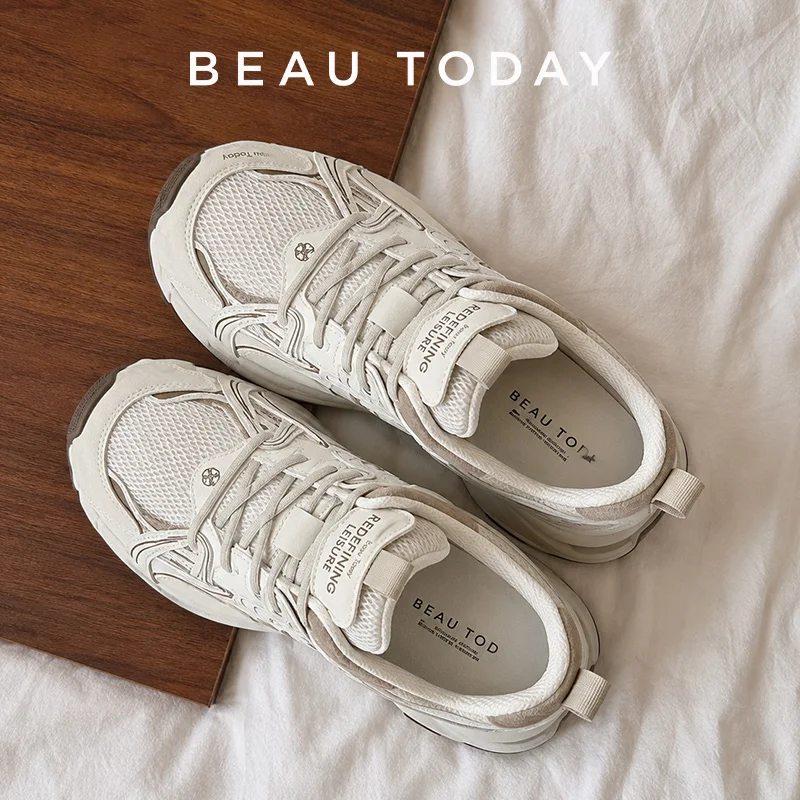 BEAUTODAY Zapatillas gruesas para mujer, de cuero dividido, colores mixtos, cierre con cordones, zapatos informales de moda para mujer, hechos a mano 29A91