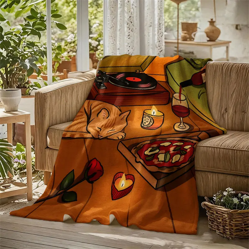 Cozy Night Vinyl Cat Wine Flannel Blanket Perfect for Sofa Office Bed Travel Sleep Read Relax Camping Four Season Use