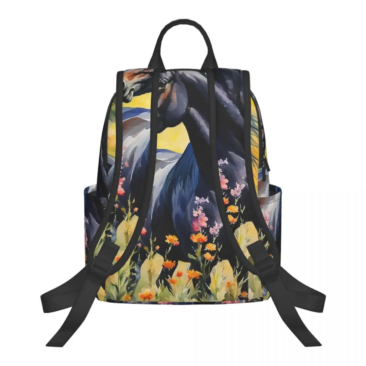 Flowers Surround Black Horse Print Student Backpack School Bag Hiking Travel Daypack for Men Women Bookbag Shoulder Bags