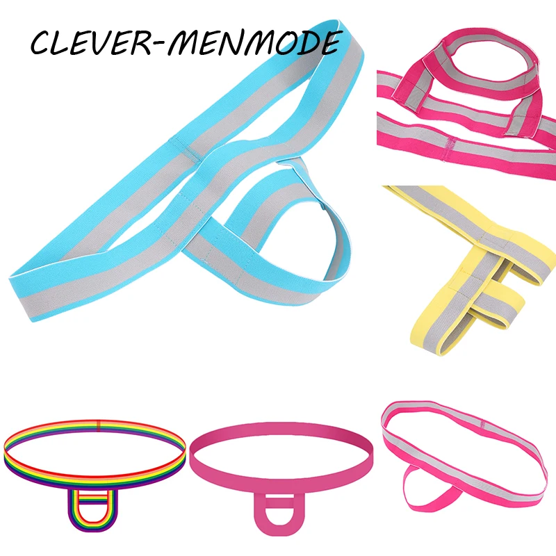 CLEVER-MENMODE Men's Sexy Jockstrap Crotchless Cock Ring Thong Open Butt Panties Backless Bikini Rainbow Striped Fetish Costumes