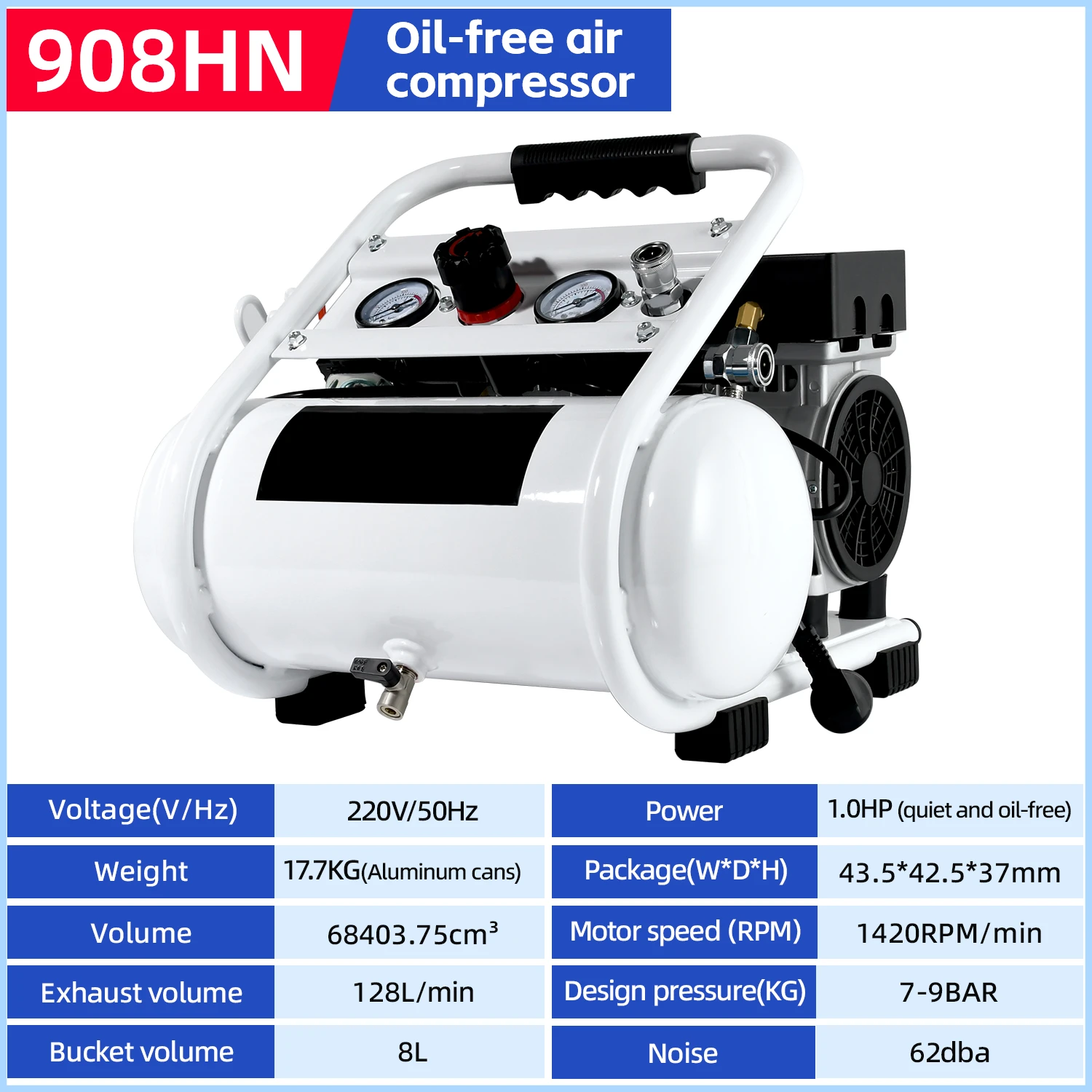 Compressore d'aria a pistone dentale elettrico portatile 220V 1HP 128L/min con serbatoio d'aria in alluminio da 8 litri
