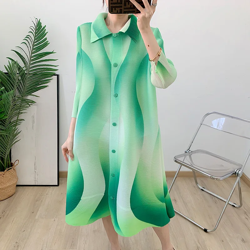 Miyake Pleated Gradient Cardigan 2025 Spring/summer New Comfortable Pleat Seven Quarter Sleeve Lapel Fashionable Outer Set