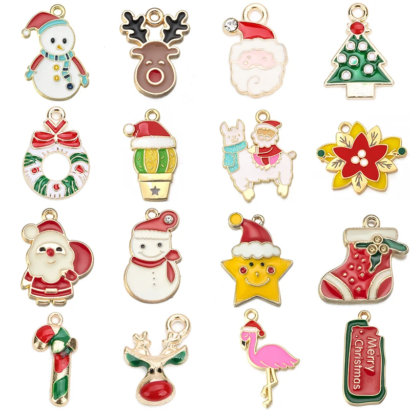 10pcs/Lot New Cute Snowman Bell Santa Christmas Enamel  Charms Earrings Accessories Handmade Ornament Charms for Jewelry Making