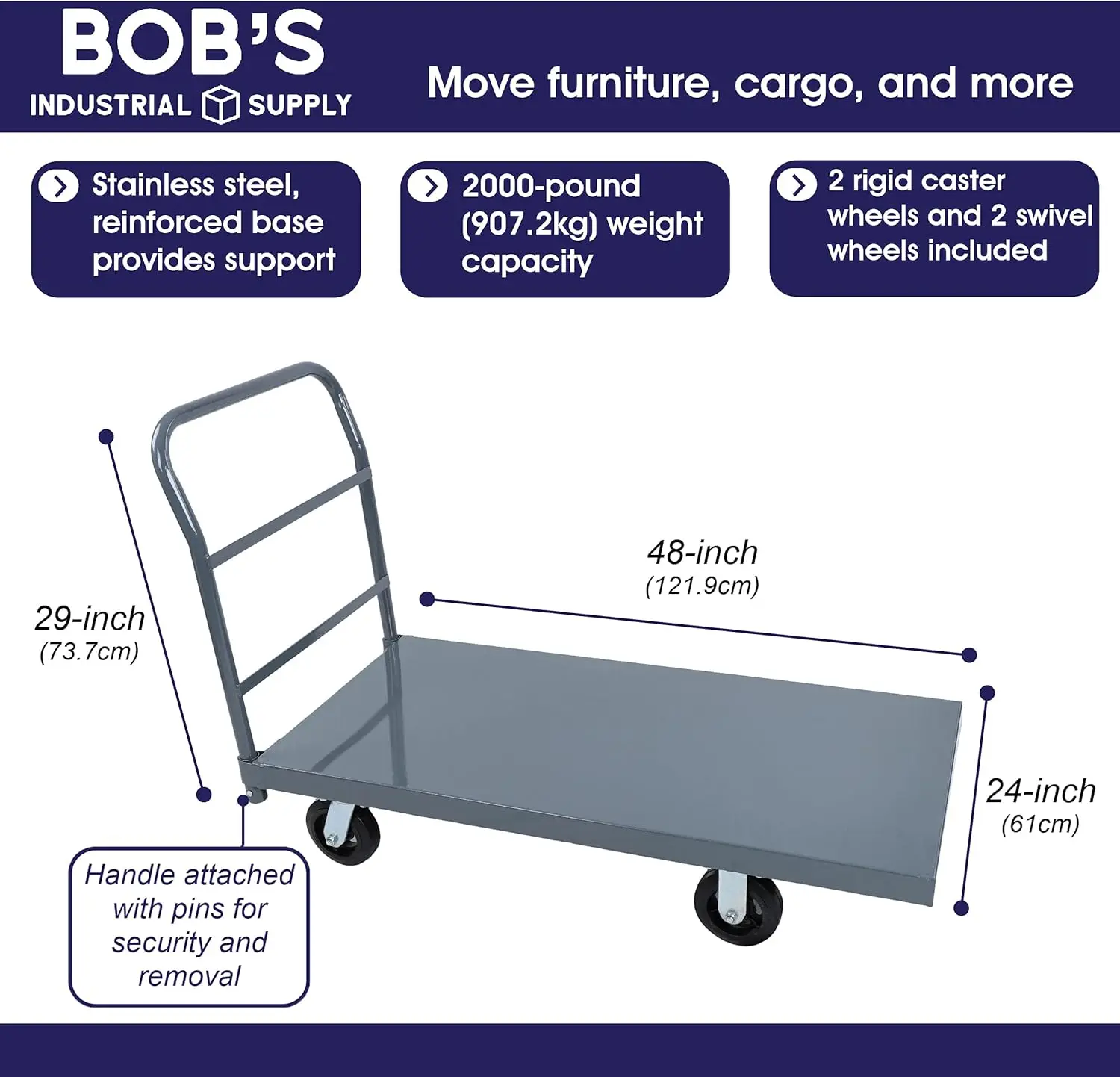 Platform Truck Industrial Flat Dolly Cart with Wheels - Heavy Duty 24 x 48 Cart - 2000lb Capacity Flatbed Hand Truck 1 Pack