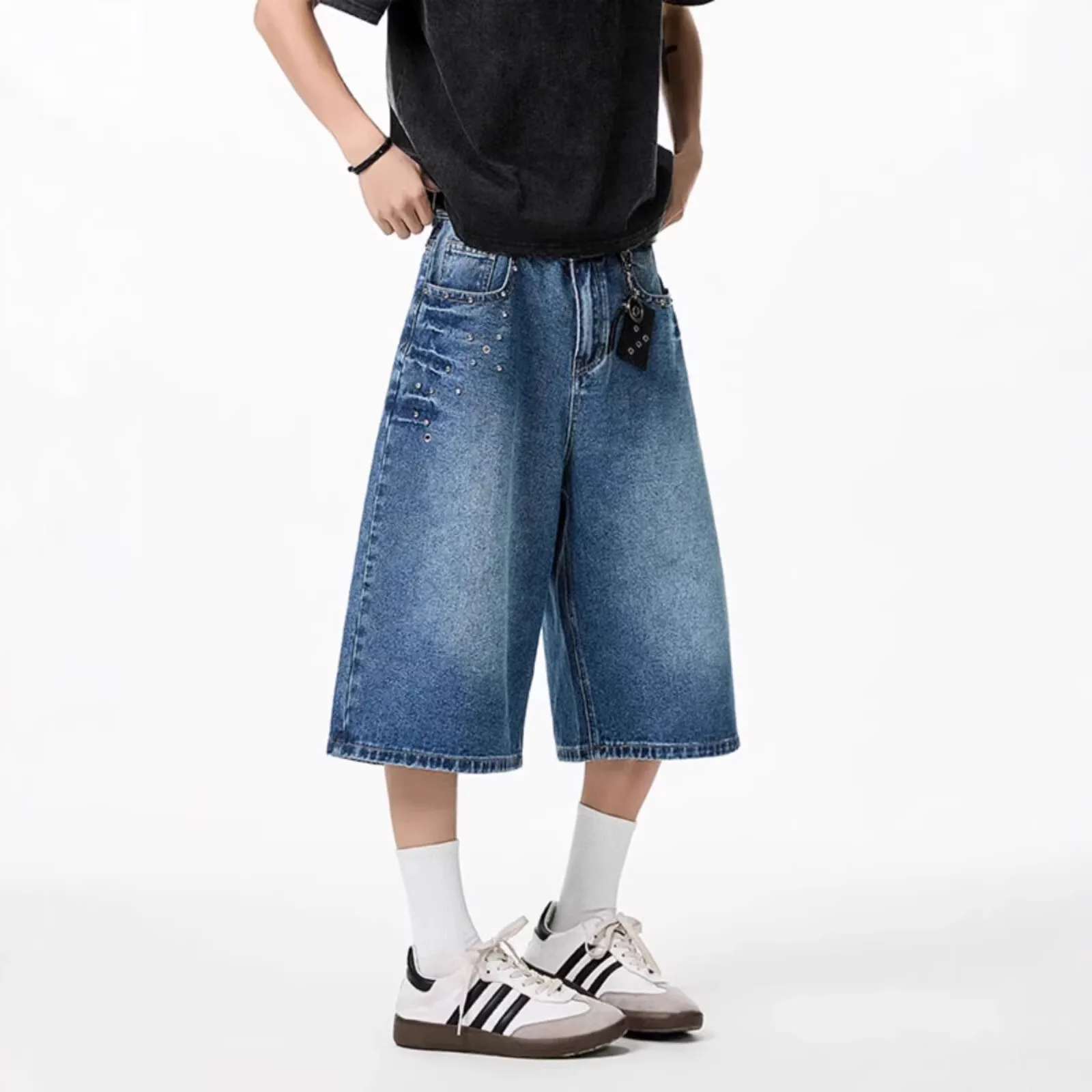 Summer American-style Design Niche Denim Cropped Pants For Men Washed Loose Mid-length Short Jeans