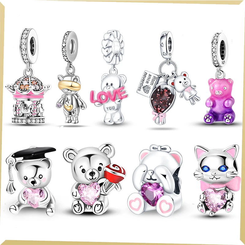 Charms S925 Sterling Silver Cute Bear Series ciondolo con ciondolo per originale Pandora Womens Charms bracciale gioielli fai da te regali nuovo in