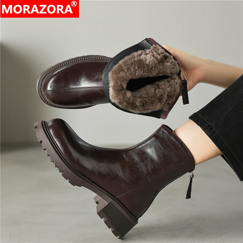 

MORAZORA 2026 New Genuine Leather Boots Women Zipper Square Mid Heels Handmade Wool Warm Winter Snow Boots Ladies Ankle Booties