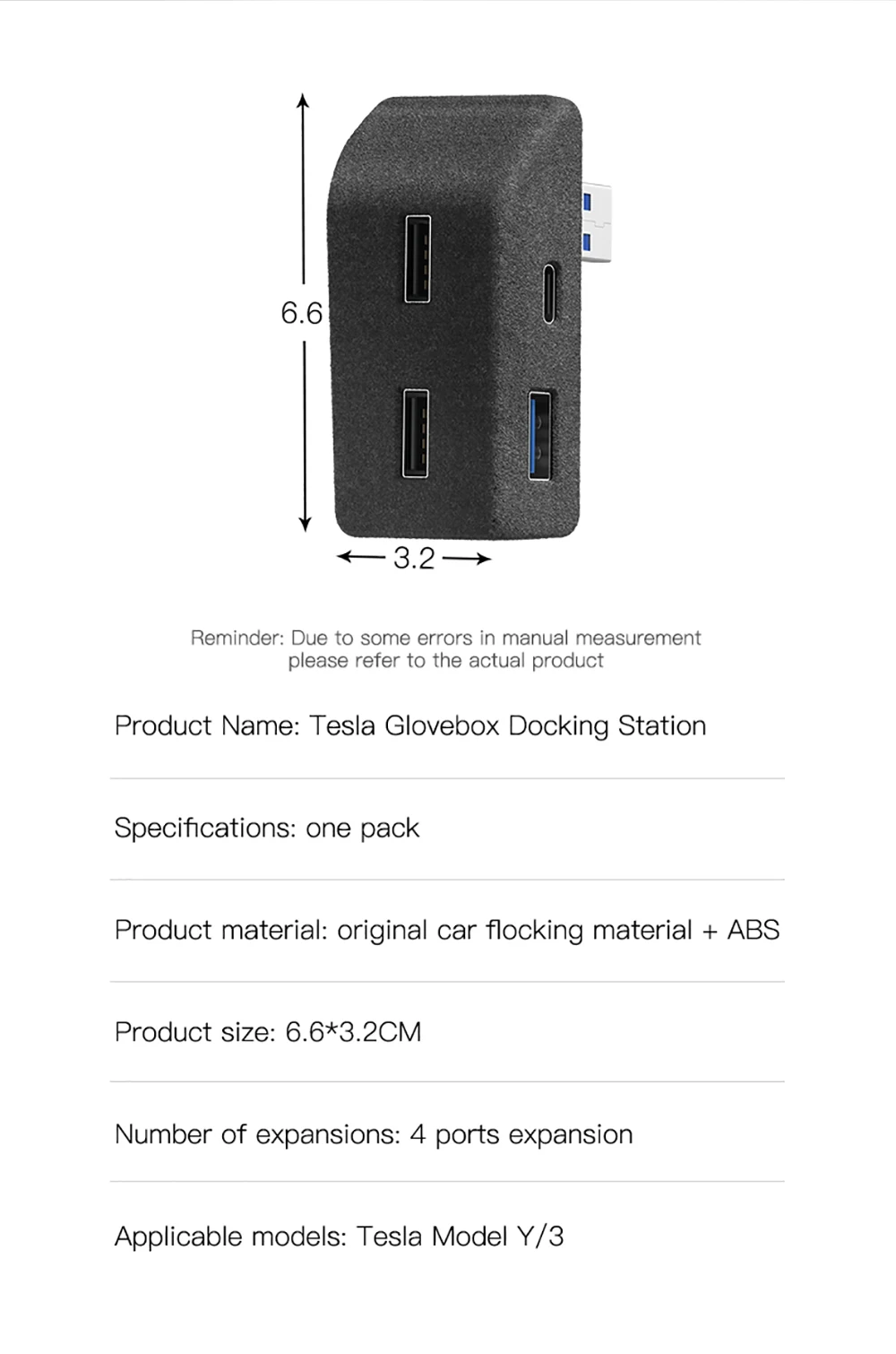 YZ für Tesla Model 3 Y YL Handschuhfach-USB-Hub, 4-in-1 Schnelllade-Dockingstation, Flockbeschichtete Versteckte Multifunktions-Autosteckdose – Detail 19