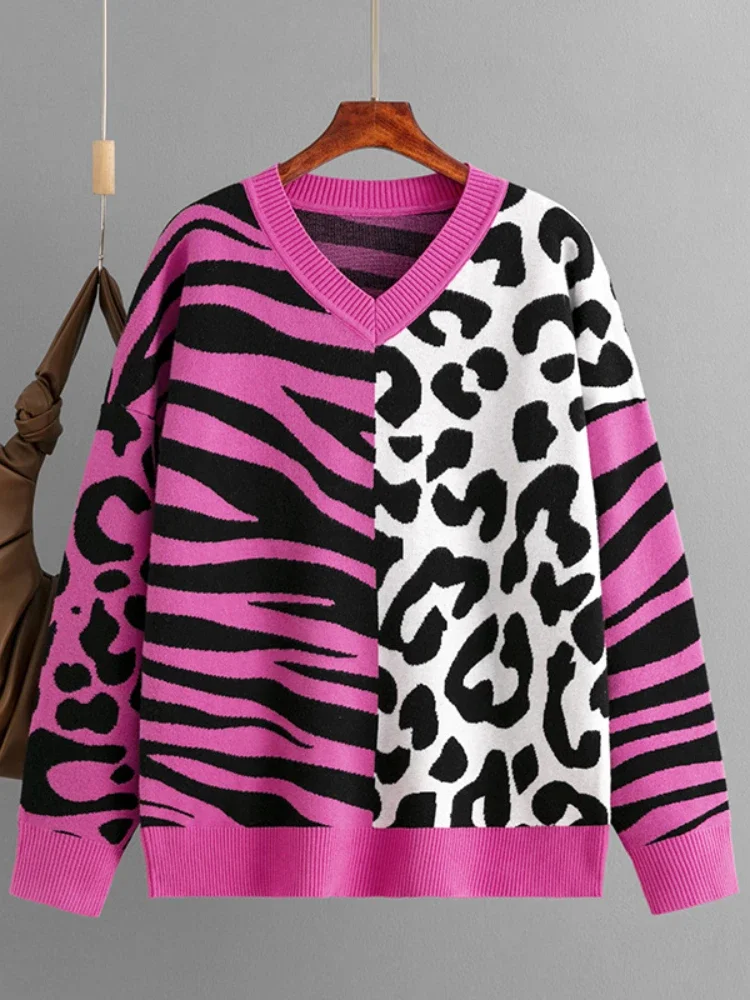 New in 2024 Autumn Winter Popular Fashion Sweaters Pullovers  Leopard Print Patchwork Mixed Knitwear Sweaters Long Sleeve Tops